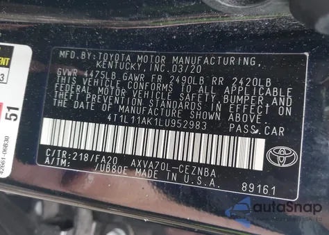 2020 Toyota Camry Le z USA, uszkodzony, nr VIN 4T1L11AK1LU952983